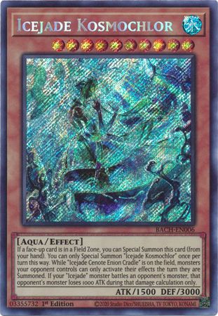  A Secret Rare "Icejade Kosmochlor" card from the Yugioh Set: Battle of Chaos.