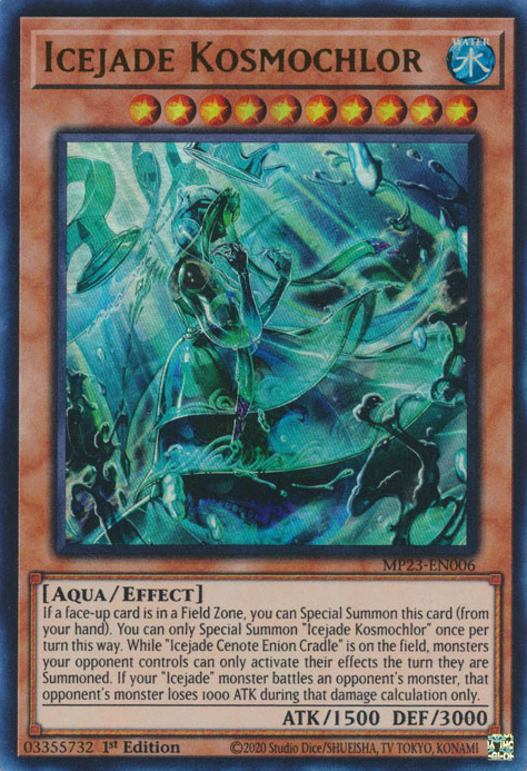 An Ultra Rare "Icejade Kosmochlor" card from the Yugioh Dueling Heroes Mega-Tin Mega Pack.