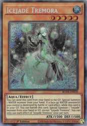 A Secret Rare "Icejade Tremora" card from the Yugioh Set: Burst of Destiny (BODE).