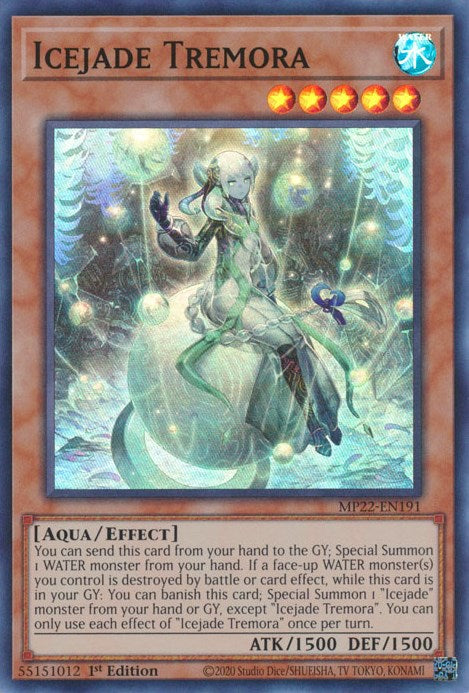 A Super Rare "Icejade Tremora" card from the Yugioh 2022 Tin of the Pharaoh's Gods Set (MP22).