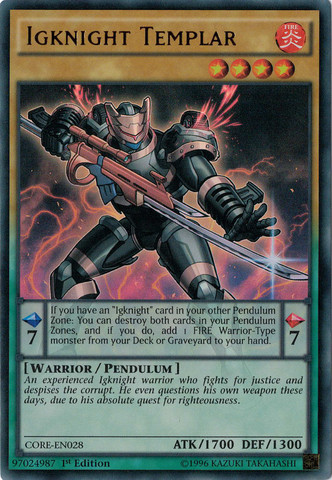 An Ultra Rare "Igknight Templar" card from the Yugioh Set: Clash of Rebellions (CORE).