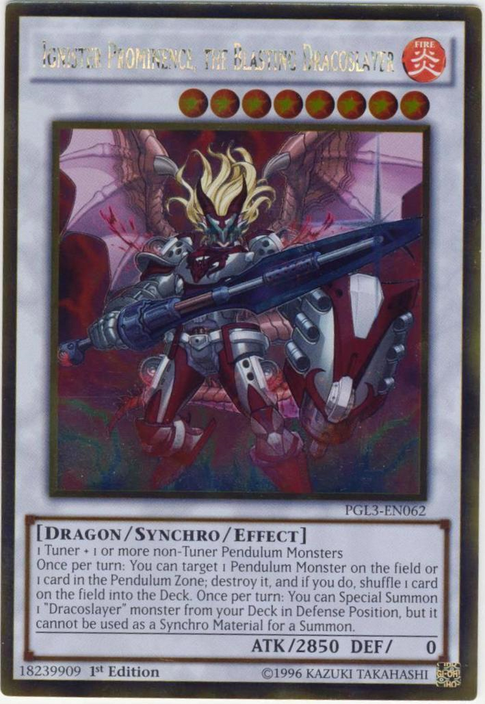 A Gold Rare "Ignister Prominence, the Blasting Dracoslayer" card from the Yugioh set: Premium Gold: Infinite Gold.