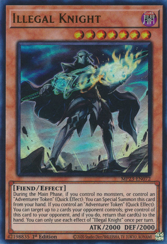 An Ultra Rare "Illegal Knight" card from the Yugioh 25th Anniversary Tin: Dueling Heroes set.