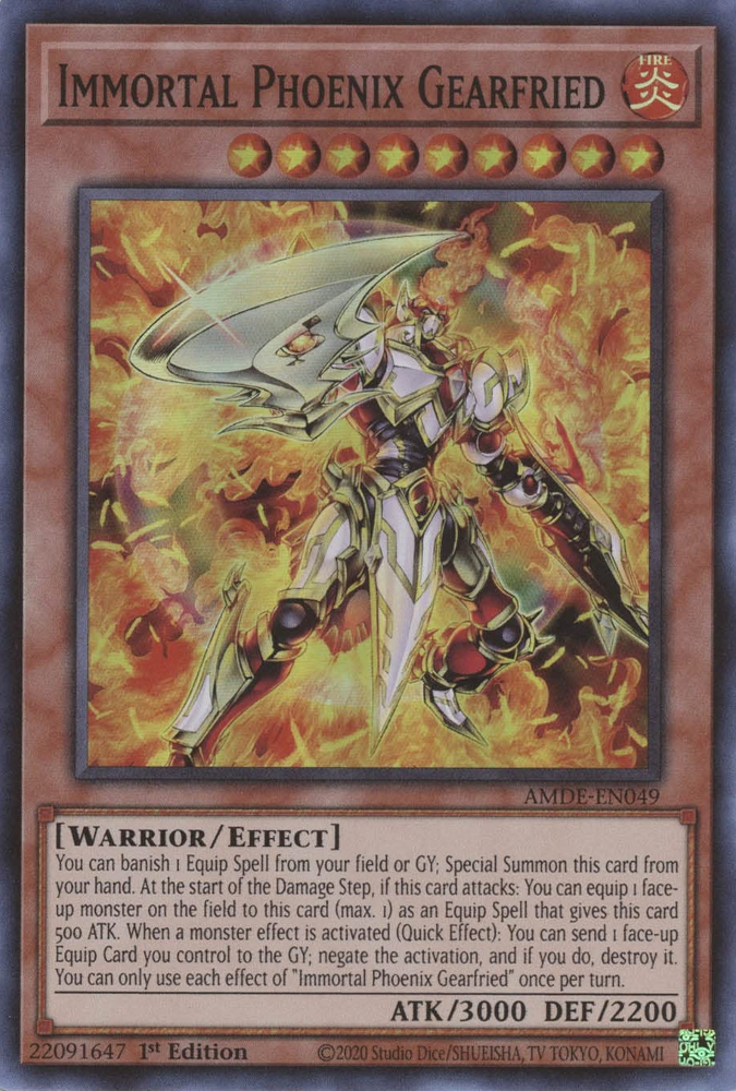 A Super Rare "Immortal Phoenix Gearfried" card from the Yugioh Set: Amazing Defenders (AMDE).
