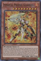 A Super Rare "Immortal Phoenix Gearfried" card from the Yugioh Set: Amazing Defenders (AMDE).