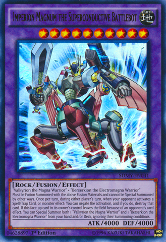 An Ultra Rare "Imperion Magnum the Superconductive Battlebot" card from the Yugioh Structure Deck: Yugi Moto (SDMY).
