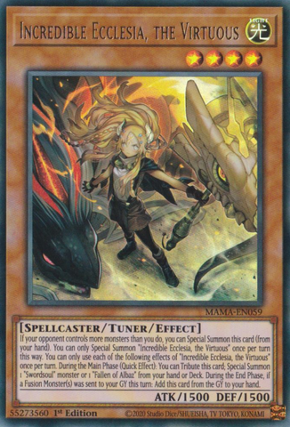 An Ultra Rare "Incredible Ecclesia, the Virtuous" card from the Yugioh Set: Magnificent Mavens (MAMA).