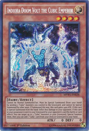 A Secret Rare "Indiora Doom Volt the Cubic Emperor" card from the Yugioh Set: The Dark Side of Dimensions Movie Pack: Secret Edition.