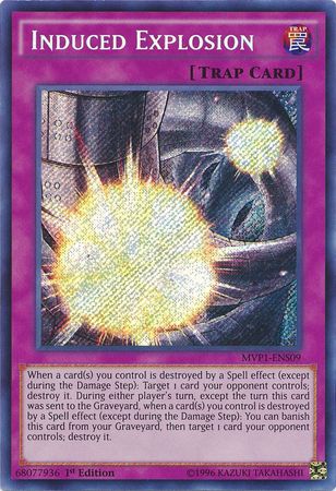 A Secret Rare "Induced Explosion" card from the Yugioh Set: The Dark Side of Dimensions Movie Pack Secret Edition (MVP1).