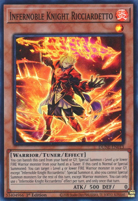 A Super Rare "Infernoble Knight Ricciardetto" card from the Yugioh Set: Duelist Nexus (DUNE).