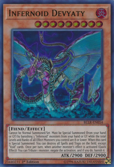An Ultra Rare "Infernoid Devyaty" card from the Yugioh Set: Battles of Legend: Light's Revenge (BLLR).