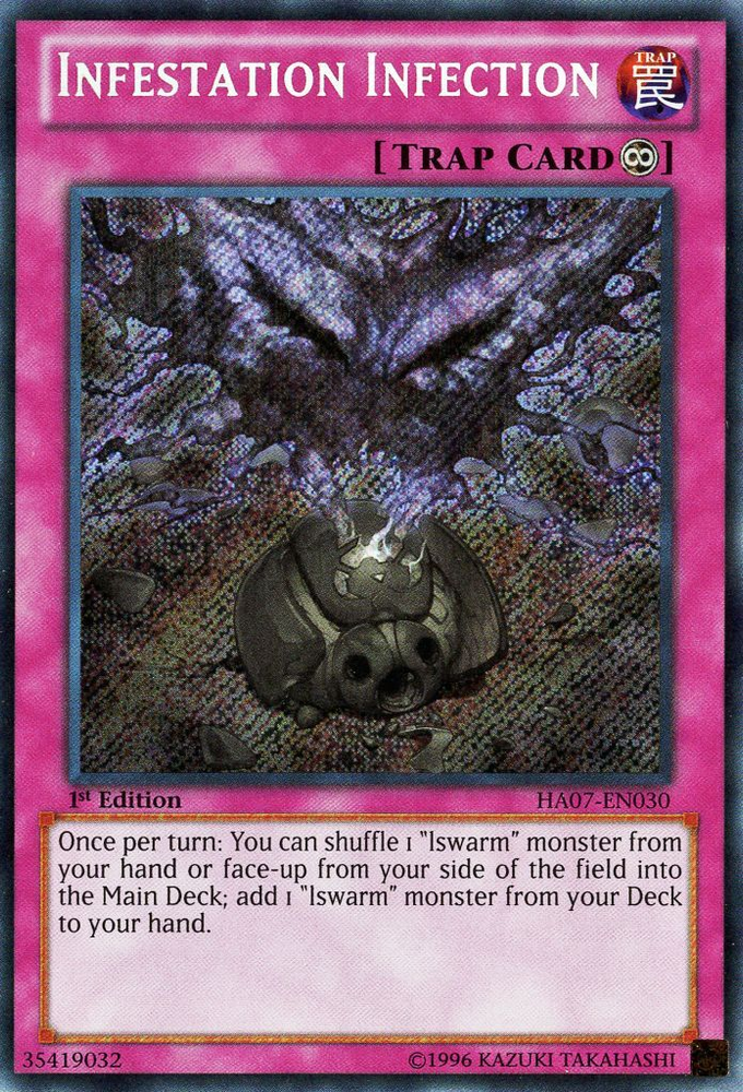 A Secret Rare "Infestation Infection" card from the Yugioh Set: Hidden Arsenal 7: Knight of Stars (HA07).