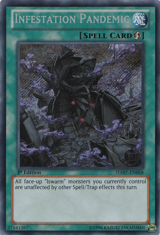 A Secret Rare "Infestation Pandemic" card from the Yugioh Set: Hidden Arsenal 7: Knight of Stars.