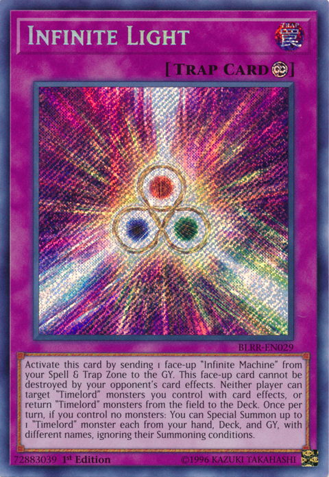 A Secret Rare "Infinite Light" card from the Yugioh Set: Battles of Legend: Relentless Revenge (BLRR).