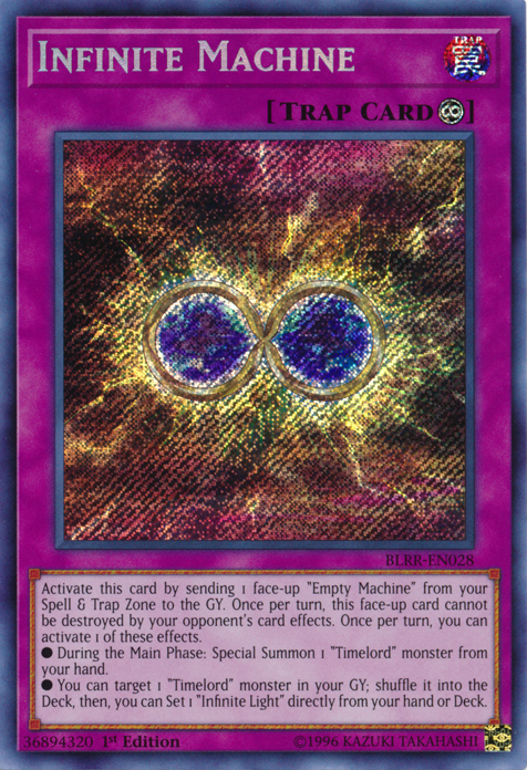 A Secret Rare "Infinite Machine" card from the Yugioh Set: Battles of Legend: Relentless Revenge (BLRR).