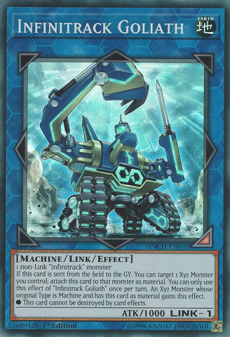  A Super Rare "Infinitrack Goliath" card from the Yugioh Set: The Infinity Chasers.