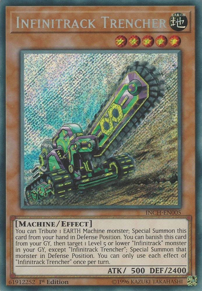  A Secret Rare "Infinitrack Trencher" card from the Yugioh Set: The Infinity Chasers.