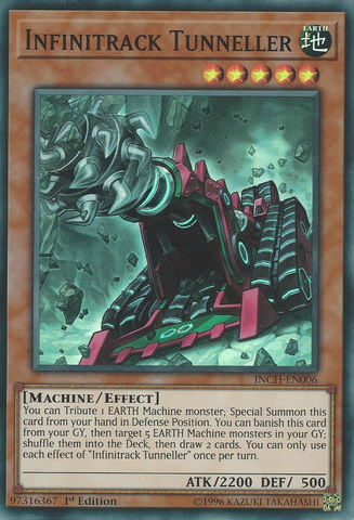  A Super Rare "Infinitrack Tunneler" card from the Yugioh Set: The Infinity Chasers.