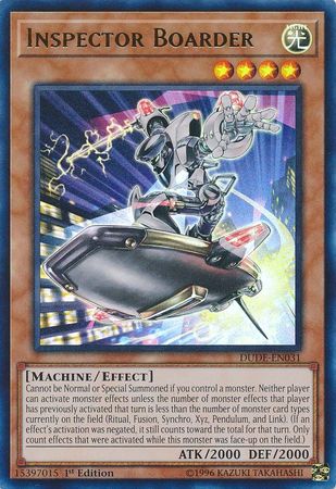 An Ultra Rare "Inspector Boarder" card from the Yugioh Set: Duel Devastator.