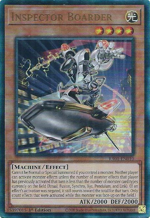 A Prismatic Ultimate Rare "Inspector Boarder" card from the Yugioh Set: Rarity Collection 1 (RA01).