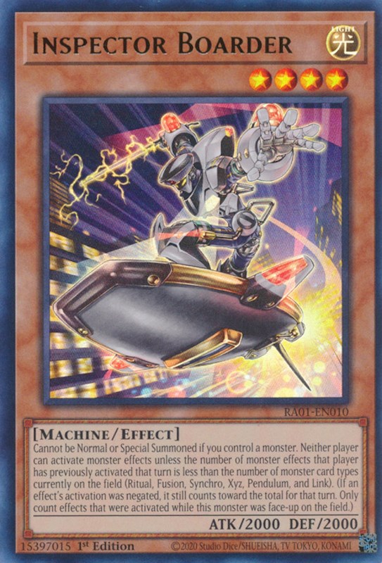 An Ultra Rare "Inspector Boarder" card from the Yugioh Set: Rarity Collection 1 (RA01).