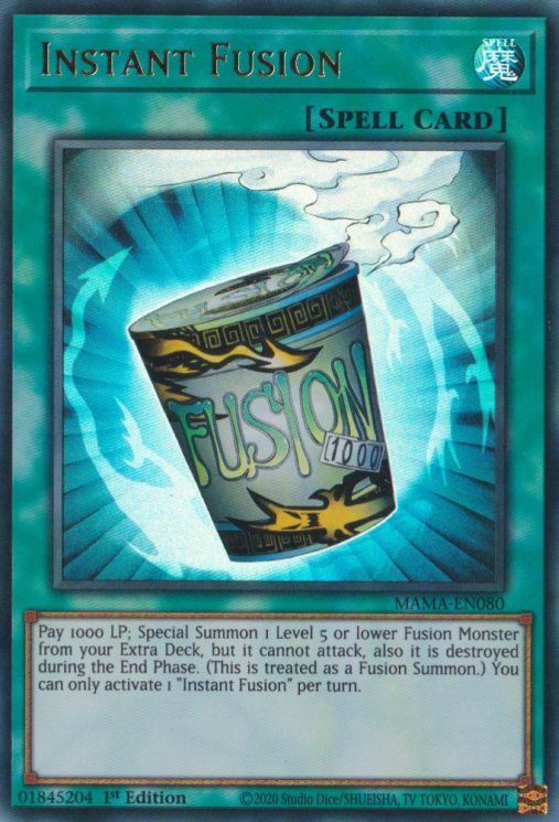 An Ultra Rare "Instant Fusion" card from the Yugioh Set: Magnificent Mavens.