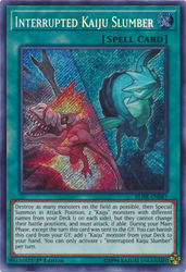 A Secret Rare "Interrupted Kaiju Slumber" card from the Yugioh Set: Battles of Legend: Hero's Revenge.