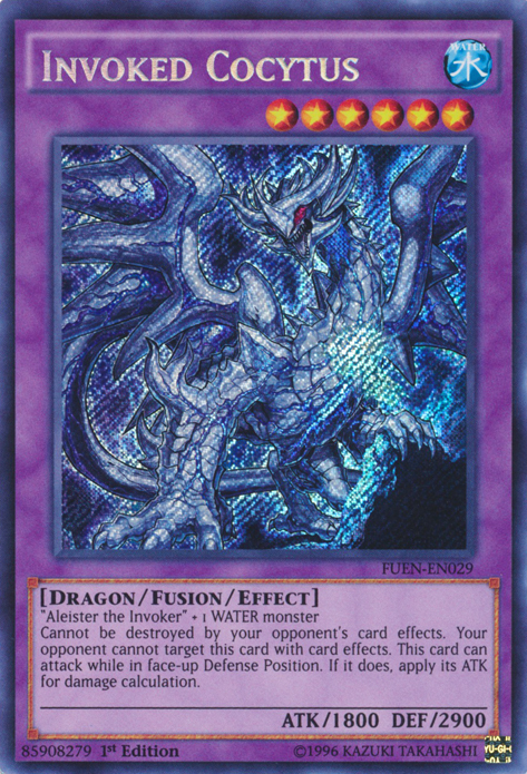 A Secret Rare "Invoked Cocytus" card from the Yugioh Set: Fusion Enforcers (FUEN).