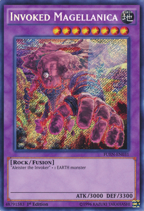 A Secret Rare "Invoked Magellanica" card from the Yugioh Set: Fusion Enforcers (FUEN).