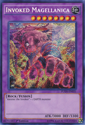 A Secret Rare "Invoked Magellanica" card from the Yugioh Set: Fusion Enforcers (FUEN).