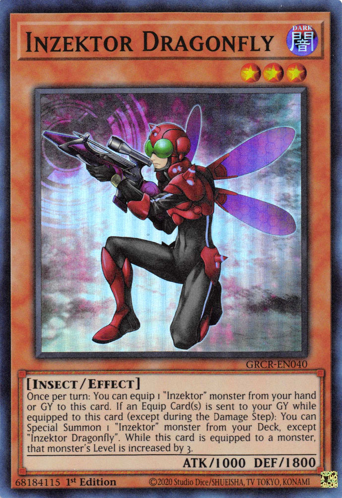  A Super Rare "Inzektor Dragonfly" card from the Yugioh Set: The Grand Creators.