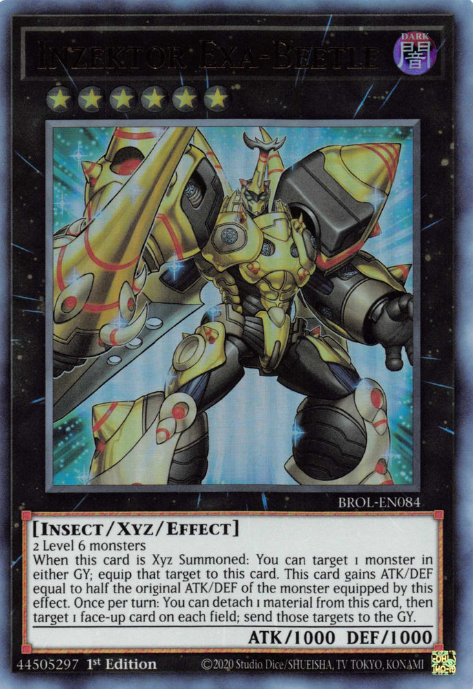  An Ultra Rare "Inzektor Exa-Beetle" card from the Yugioh Set: Brothers of Legend.