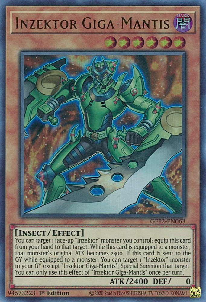  An Ultra Rare "Inzektor Giga-Mantis" card from the Yugioh Set: Ghosts From the Past: The 2nd Haunting (GFP2).