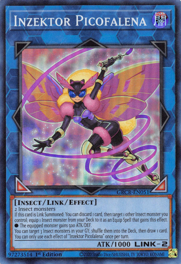  A Super Rare "Inzektor Picofalena" card from the Yugioh Set: The Grand Creators.