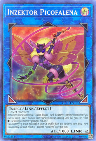 A Super Rare "Inzektor Picofalena" card from the Yugioh OTS Tournament Pack 18 set.