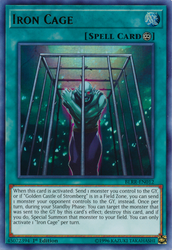An Ultra Rare "Iron Cage" card from the Yugioh Set: Battles of Legend: Relentless Revenge.