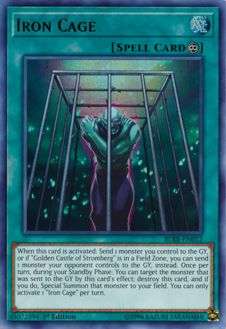 An Ultra Rare "Iron Cage" card from the Yugioh Set: Battles of Legend: Relentless Revenge.