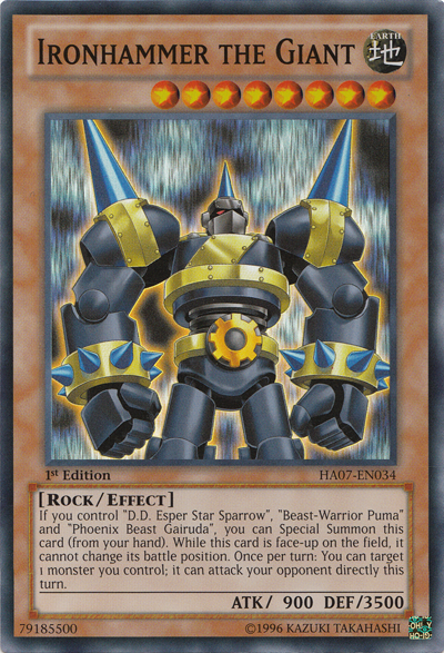 A Super Rare "Ironhammer the Giant" card from the Yugioh Set: Hidden Arsenal 7: Knight of Stars.