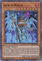 A Super Rare "Jack-O-Bolan" card from the Yugioh Set: Ignition Assault.