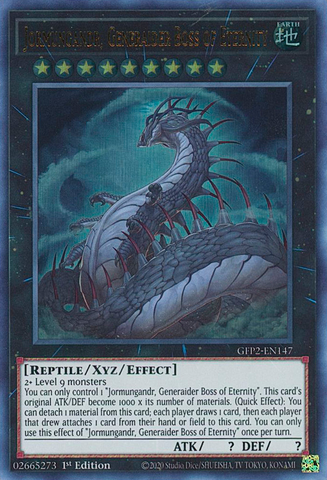 An Ultra Rare "Jormungandr, Generaider Boss of Eternity" card from the Yugioh Set: Ghosts From the Past: The 2nd Haunting (GFP2).