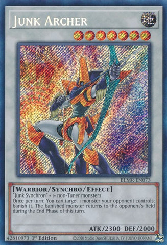 A Secret Rare "Junk Archer" card from the Yugioh Set: Battles of Legend: Monstrous Revenge (BLMR).