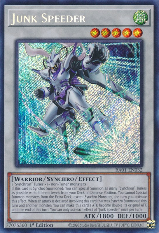 A Secret Rare "Junk Speeder" card from the Yugioh Set: Rarity Collection 1 (RA01).