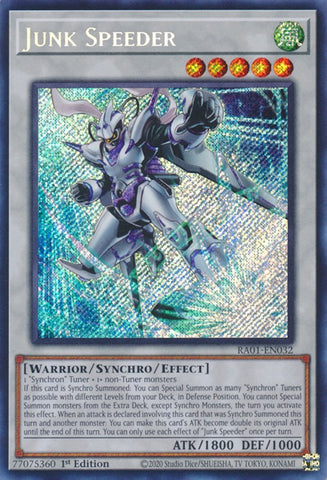 A Secret Rare "Junk Speeder" card from the Yugioh Set: Rarity Collection 1 (RA01).