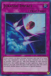 An Ultra Rare "Jurassic Impact" card from the Yugioh Set: Battles of Legend: Light's Revenge.