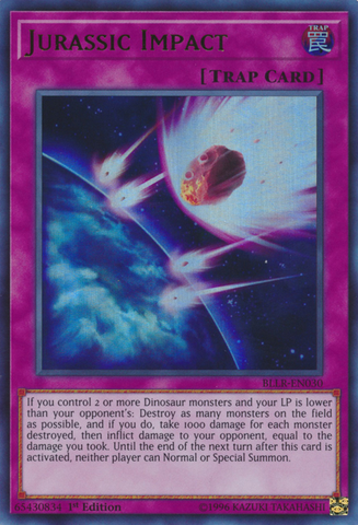 An Ultra Rare "Jurassic Impact" card from the Yugioh Set: Battles of Legend: Light's Revenge.