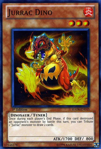 A Super Rare "Jurrac Dino" card from the Yugioh Set: Hidden Arsenal 4: Trishula's Triumph.