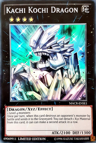 A Super Rare "Kachi Kochi Dragon" card from the Yugioh Set: Maximum Crisis.