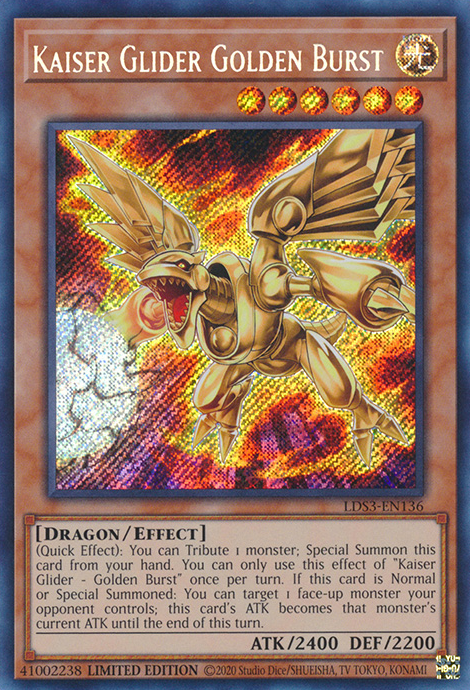 A Secret Rare "Kaiser Glider Golden Burst" card from the Yugioh Set: Legendary Duelists: Season 3 (LDS3)