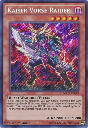  A Secret Rare "Kaiser Vorse Raider" card from the Yugioh Set: The Dark Side of Dimensions: Movie Pack Secret Edition.