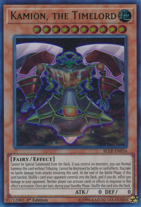 An Ultra Rare "Kamion, the Timelord" card from the Yugioh Set: Battles of Legend: Relentless Revenge (BLRR).